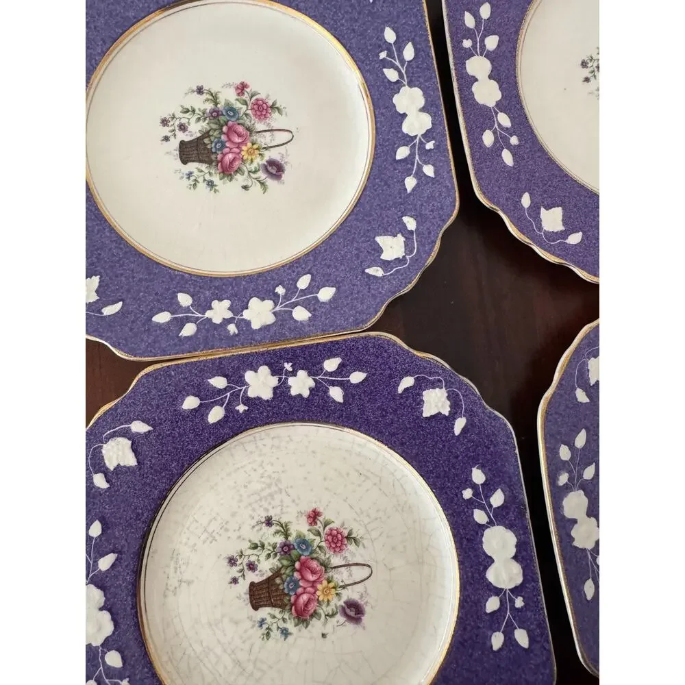 Wedgwood & Co Ltd Queens Ivory England 6 Purple Plates Floral Basket Vintage